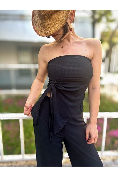 Xenthe New Season Women's Strapless Collar Trousers-Blouse Wrap Top and Bottom Set