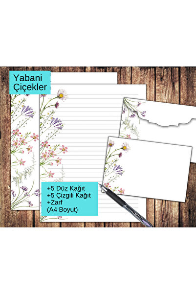 Organik Yolda Yabani Çiçekler Zarflı Mektup Not Kağıdı, +5 Düz kağıt +5 Çizgili Kağıt +Zarf (A4 Boyut)