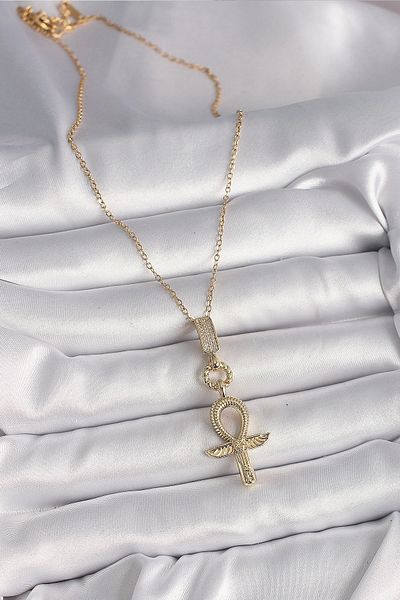Clariss 316L Steel Gold Color Chain Zircon Stone Ankh Model Women's Necklace