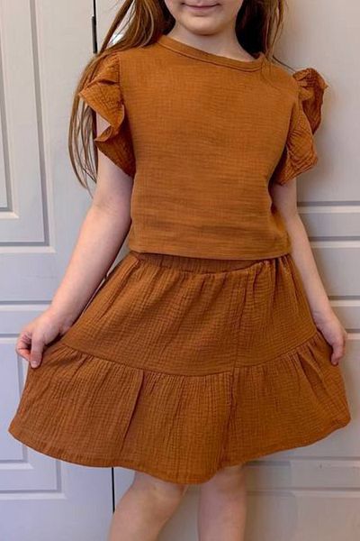Parla Kids Girl's Muslin Brown Skirt Blouse Set