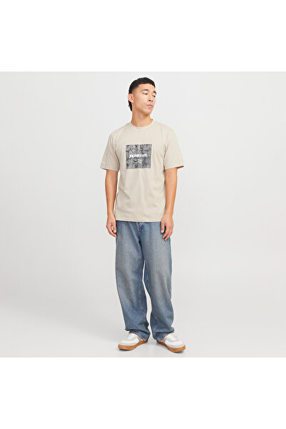 Jack & Jones Jack&jones Tarmac Camo Front Crew Neck Ανδρικό μπεζ μπλουζάκι με στρογγυλή λαιμόκοψη