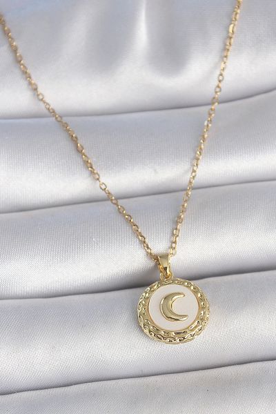 Store سلسلة من الفولاذ 316l باللون الذهبي، قلادة نسائية مطرزة على شكل هلال مينا أبيض