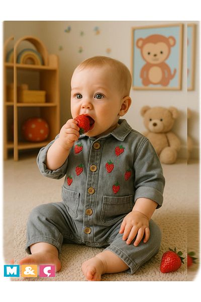 MÇ FAMİLY STORe Long Sleeve Girl Boy Baby Child Cotton Jeans Salopet Jean Baby Strawberry Jumpsuit