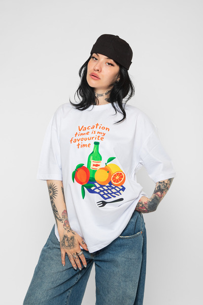 Bak Moda Voće Štampano Oversize kroj Unisex bela majica