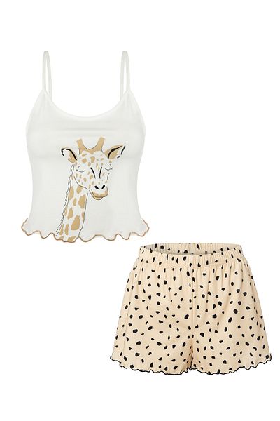 koza iç giyim Women's Thin Strap Patterned Cotton Shorts Pajama Set
