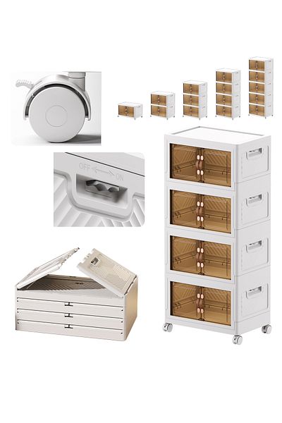 Old_Feller 4-Layer Foldable Storage Box with/Wheels, Doors & Lid - Stackable, Magnetic Closet Organizer