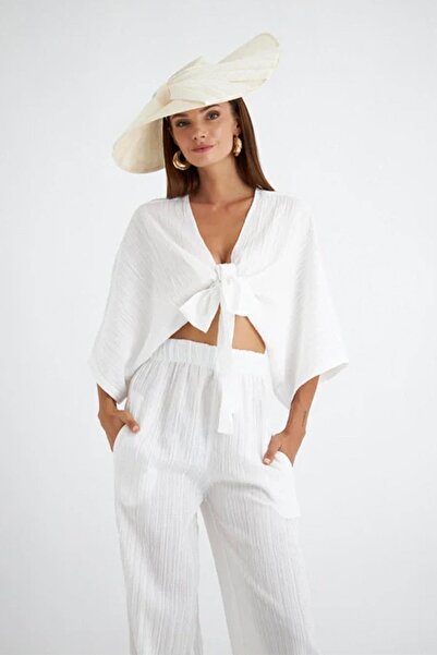 TENA Cămașă Ecru pentru damă - mânecă liliac și cravată în față