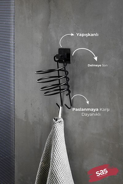 Sas Haus Αυτοκόλλητο στεγνωτήρα μαλλιών Μαύρο, Magic Adhesive Μαύρη κρεμάστρα στεγνωτήρα μαλλιών Y-01