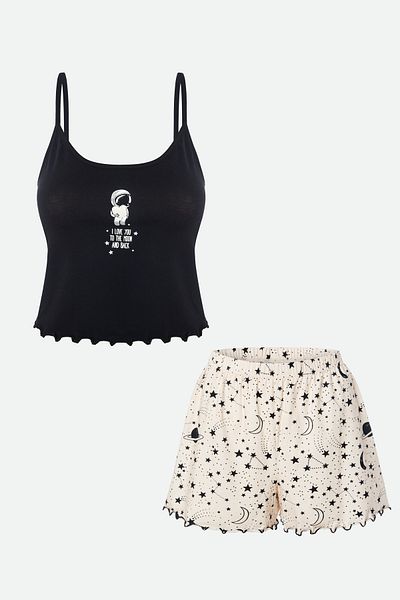 koza iç giyim Women's Thin Strap Patterned Cotton Shorts Pajama Set
