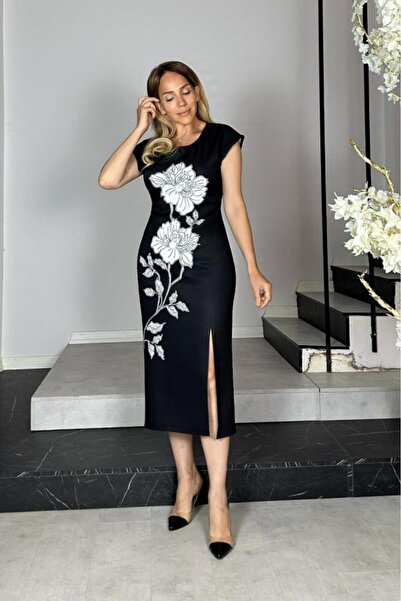 gesmoda G1405 Çiçek Desen Tasarım Elbise Siyah