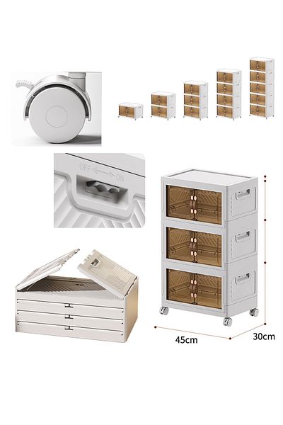 Old_Feller 3-Layer Foldable Storage Box with/Wheels, Doors & Lid - Stackable, Magnetic Closet Organizer