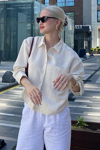 Madmext Oversize Ecru pruhovaná dámská košile - MG2093