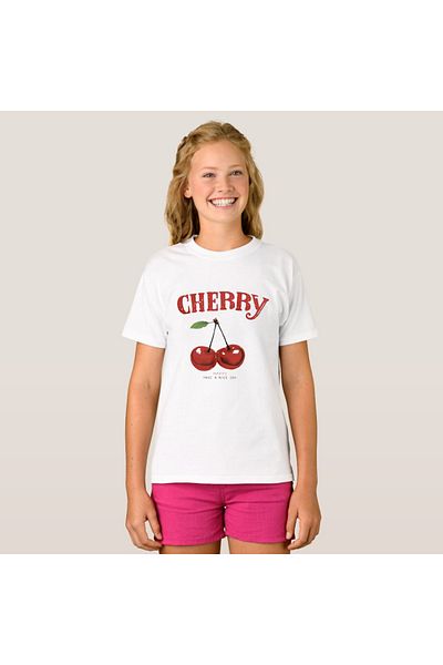Let's Wear Βαμβακερό χτενισμένο μπλουζάκι Cherry Printed για κορίτσια με γιακά ποδηλάτου