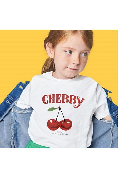 Let's Wear Βαμβακερό χτενισμένο μπλουζάκι Cherry Printed για κορίτσια με γιακά ποδηλάτου