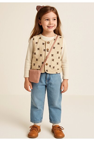 Kidmark Çocuk Modası Çocuk Unisex Ayıcık Detaylı Bej Kot yelek