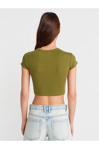 Dilvin 31810 Crew Neck Crop T-Shirt-Fat Green