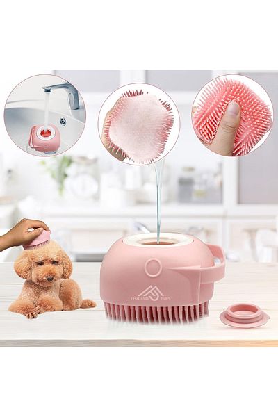 Fish & Paws Perie de spălat Fish & Paws® pentru câini și pisici, cu rezervor de șampon din silicon, Roz.