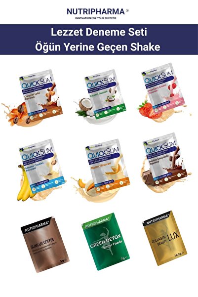 NUTRIPHARMA QUICK SLIM Öğün Yerine Geçen Shake, 9 Saşe, Slimlux Coffee, Green Detox, Kolajen Içeren Lezzet Deneme Seti