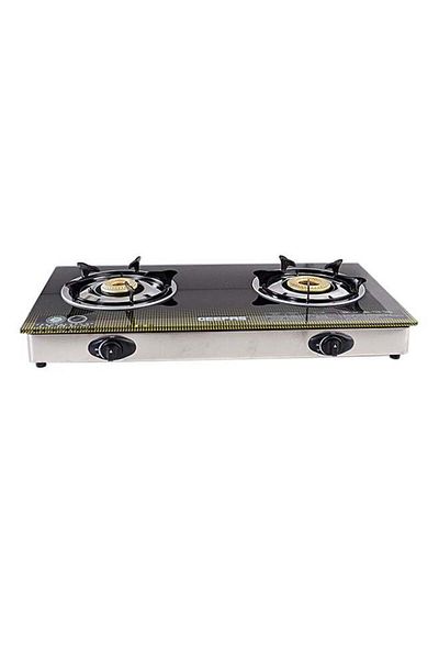Geepas 8mm Thick Tempered Gas, Auto Piezo Ignition Double Gas Burner, Stainless Steel frame & Tray, LPG Wit