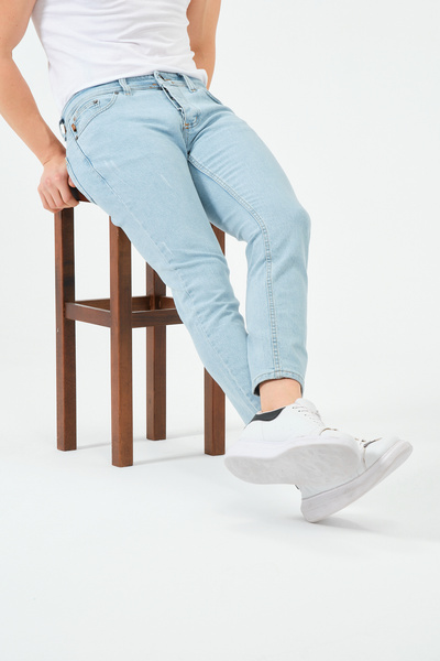 moda biz بنطال جينز ليزر أزرق ثلجي للرجال بقصة ضيقة وقابل للتمدد من قماش الدن...