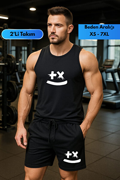 TREND ALİSSE Erkek Spor Atlet ve Şort Takım - Gülenyüz Baskılı Fitness Gym Atlet ve Şortu