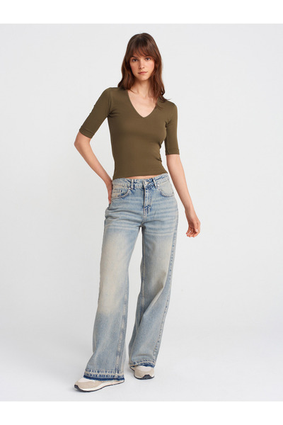 Dilvin 31843 V-Neck T-Shirt-Khaki