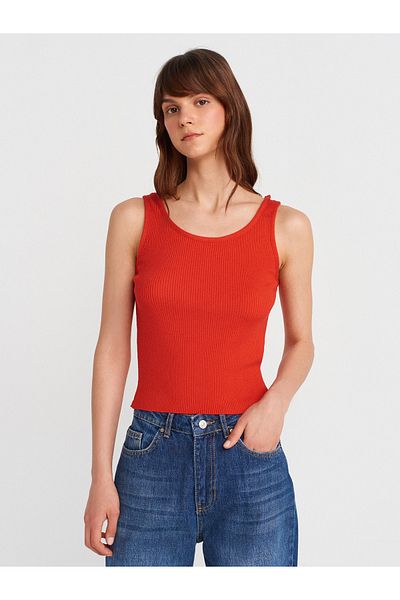 Dilvin 10748 Strappy Corded Fine Textured Knitwear Blouse-Red