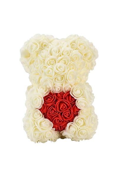 NEXTLY Ursulet Din Trandafiri Din Spuma , Decorat Manual, 25cm, Cutie Transparenta Inclusa, Alb-rosu