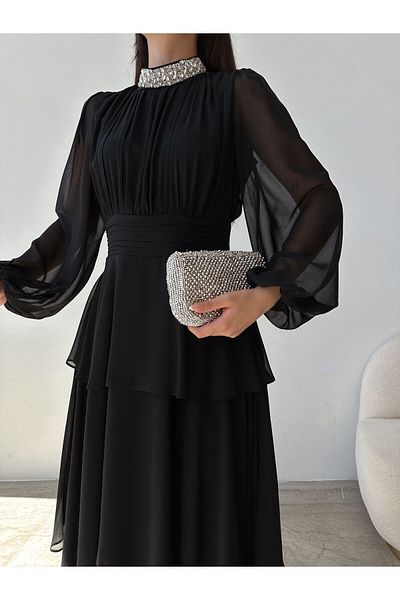 Swan Woman Stoned Ruffle Detail Evening Dress