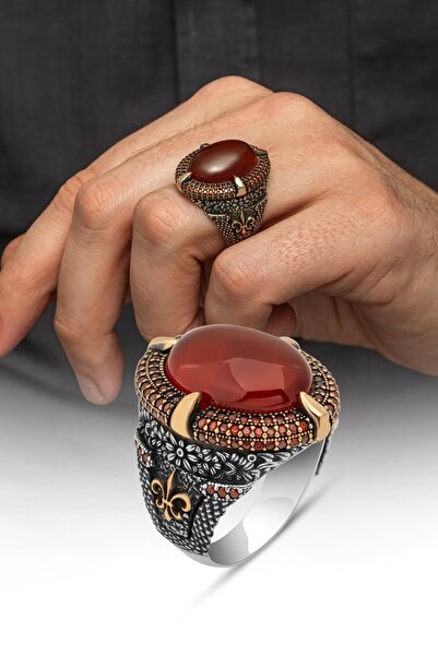 ALYANSEVİM Oval Akik Taşlı 925 Gümüş Erkek Yüzük