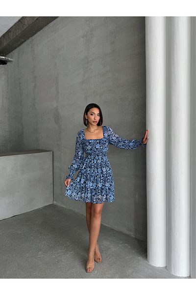 BEJNA Blau gemusterter Gipeli-Rock für Damen, mehrlagiges, gefüttertes Chiffonkleid