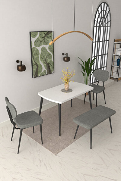 VİLİNZE Deniz Sandalye Dino Bank Argos Ahşap MDF Sabit Mutfak Masası Takımı - 70x120 cm