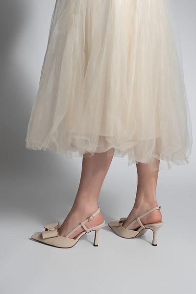 Marjin Ecru Colored Women's Stiletto - Pointed Toe and Bow Detail, Open Back Heel Shoes