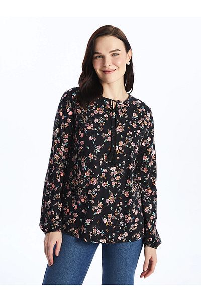 LC Waikiki Patterned Long Sleeve - Tie-Up Collar Women's Blouse
