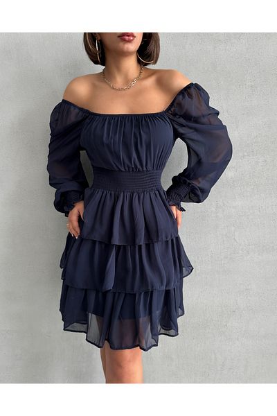 BEJNA Marineblaues Gipeli-Rock-Chiffonkleid mit mehrlagigem Futter für Damen