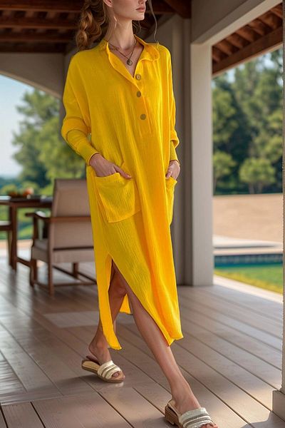bacc Rochie de damă, galbenă, de muselină, cu jumătate de plăcuță, cu buzunare, cu fantă, cu croiala liberă Bcbsk-25700-3620