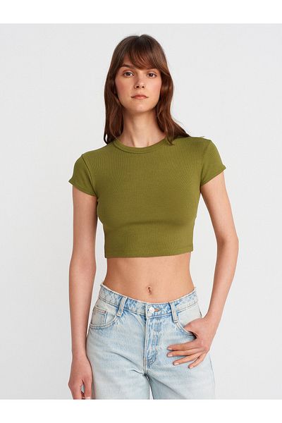 Dilvin 31810 Crew Neck Crop T-Shirt-Fat Green