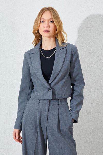 TENA Γυναικείο μπουφάν Anthracite με μονό κουμπί Polyviscon Crop Blazer