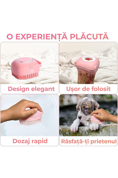 Fish & Paws Perie de spălat pentru câini și pisici cu rezervor de șampon din silicon, roz.
