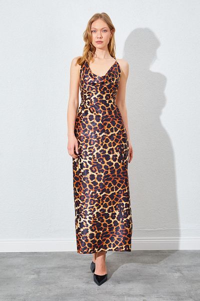 TENA Rochie lungă din satin cu guler în formă de leopard de damă
