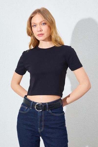 TENA Women's Black (25608) Crew Neck Low Sleeve Full Lycra Ribbed Crop T-Shirt