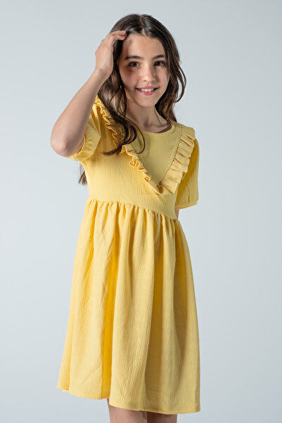 Kyron Fırfır Detaylı Bürümcük Kumaş Kız Çocuk Kısakol Elbise / Farklı Renk Seçenekleriyle