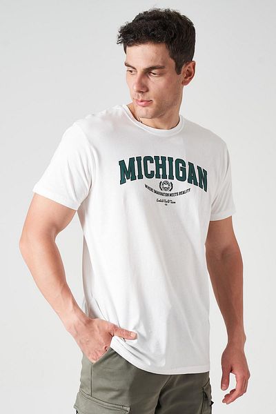 TENA Ανδρικό μπλουζάκι με στάμπα MICHIGAN με λαιμόκοψη εκρού