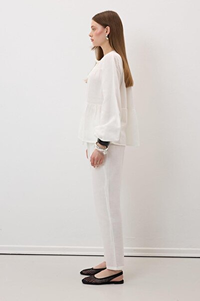 TENA Women's Ecru Elastic Waist Carrot Leg Muslin Trousers