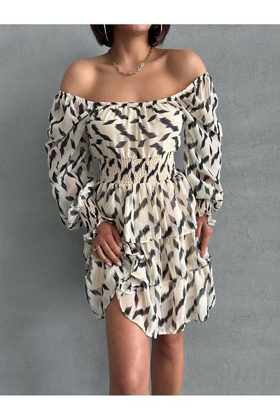 BEJNA Cremefarbenes, gemustertes Gipelli-Rock-Chiffonkleid für Damen mit mehrlagigem Futter