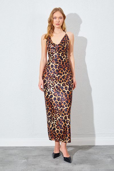 TENA Rochie lungă din satin cu guler în formă de leopard de damă