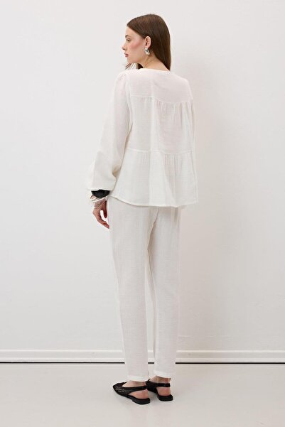 TENA Women's Ecru Elastic Waist Carrot Leg Muslin Trousers