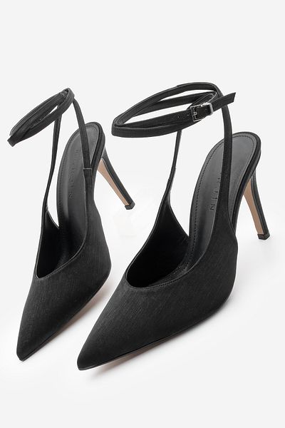 Marjin Damen-Stiletto-Schuhe mit spitzer Zehenpartie und Absatz – gestreift, offener Rücken, schwarzer Satin