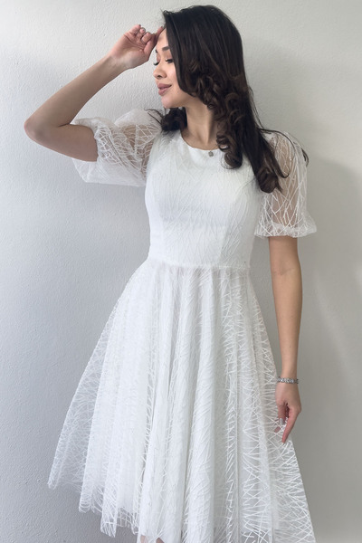 the ZKS Kadın Balon Kol Simli Kloş Midi Boy Abiye Elbise Su Yeşili, Siyah, Beyaz, İndigo