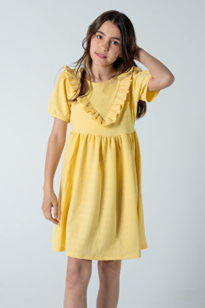 Kyron Fırfır Detaylı Bürümcük Kumaş Kız Çocuk Kısakol Elbise / Farklı Renk Seçenekleriyle